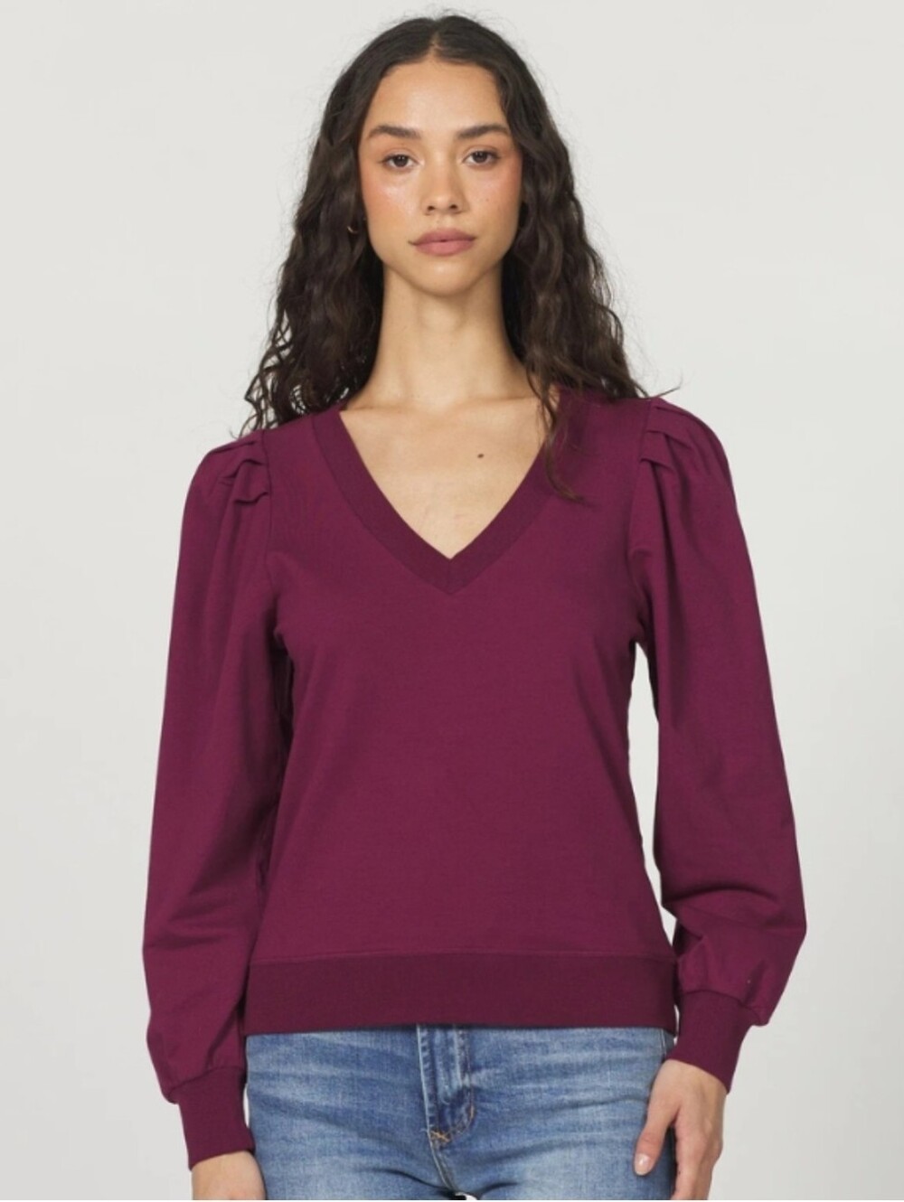 Another Love V-Neck Puff Sleeve Sweater - Sammi Style Plum Size Large